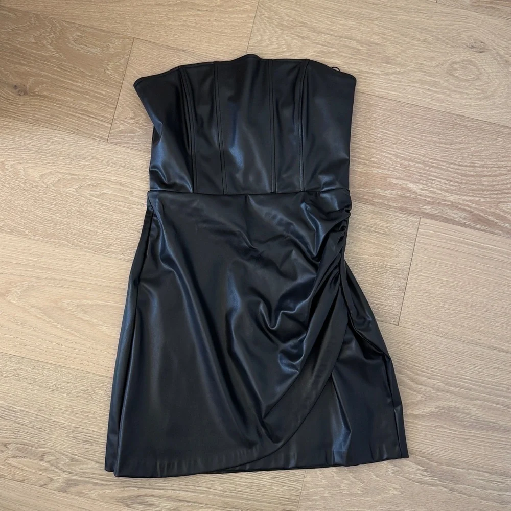Zara Faux Leather Strapless Ruched Dress - Picture 2 of 6